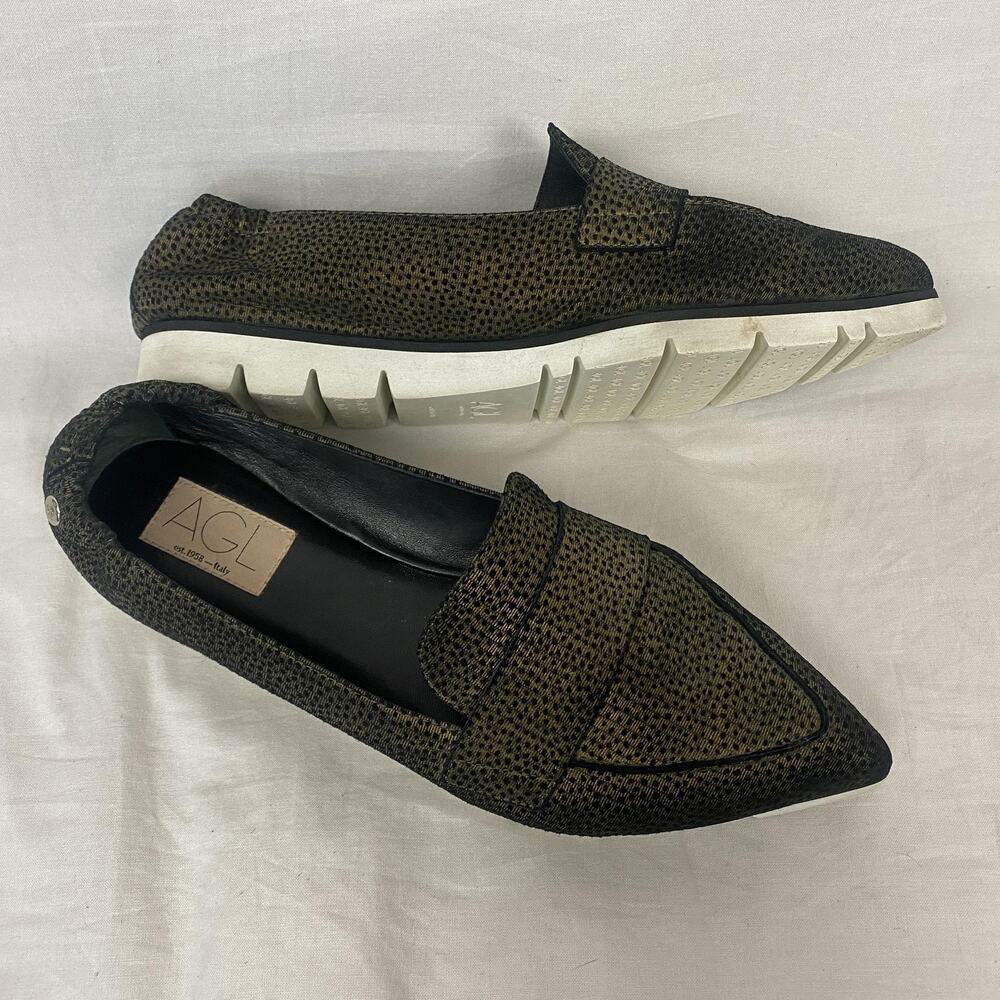 AGL Pointer Loafer Womens 9 39.5 Bronze Black Slip On Shoes Flats Italy D538078